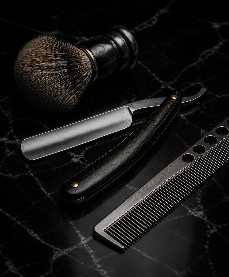 Straight razor, brush and comb on black marble