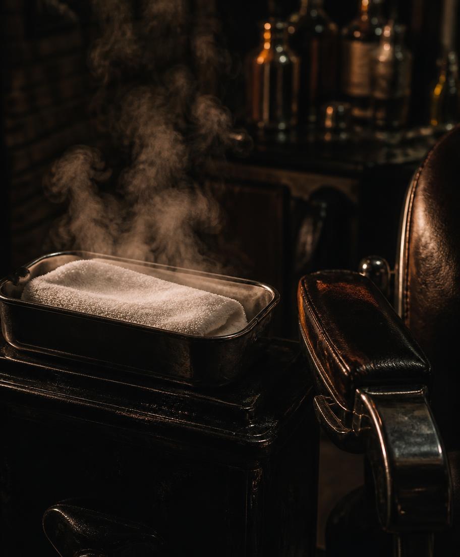 Hot towels steaming beside a leather barber chair