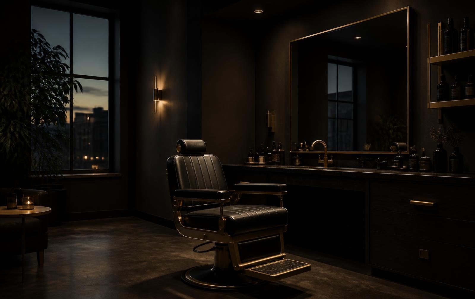 The NOIR BARBERS studio at dusk with a single leather barber chair